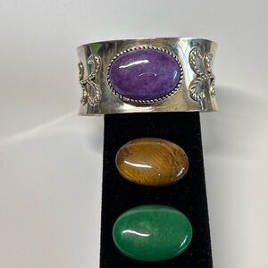 Sterling Silver Interchangeable Stone Cuff Bracelet 925 w Extra Stones